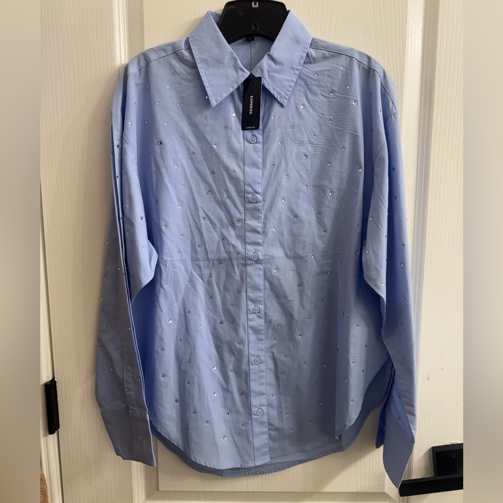 Express Light Blue Embellished Button Up Shirt